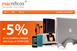 Codigo promocional Macnificos para tener un 5% de descuento adicional en vuestras compras de accesorios para Mac, iPod e iPhone, válido hasta 25-Abril-2010