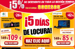 Codigo promocional Pixmania para tener un 5% de descuento adicional en toda la sección Sonido, válido hasta 13-Febrero-2010