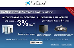 Consigue gratis una videocámara Samsung con zoom óptico 51x ó una TV LCD 16:9 Samsung al domiciliar vuestra nómina con La Caixa a través de internet, válido hasta 30-Junio-2010