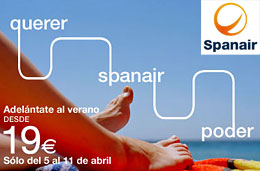 Ofertas de vuelos con chollos para volar desde 19 euros en Spanair a todos sus destinos, válido para reservas hasta 11-Abril-2010