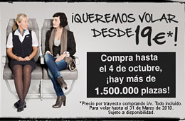 Ofertas de vuelos en Spanair con 1.500.000 billetes desde 19€ por trayecto para vuelos ida/vuelta y para volar hasta 31-Marzo-2010, válido hasta 4-Octubre-2009