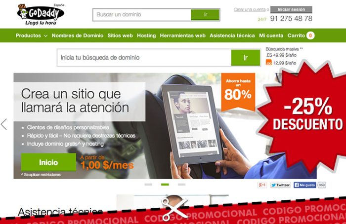 Codigo promocional en GoDaddy para tener un 25% de descuento adicional en todo