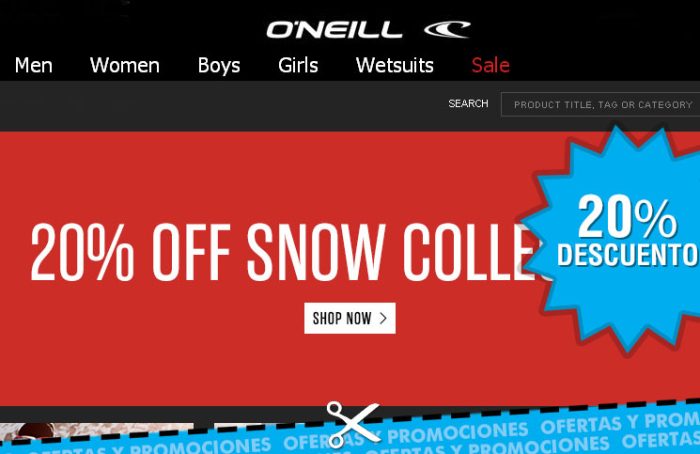 Descuentos del 20% en la tienda Oneill para la ropa de moda para la nieve