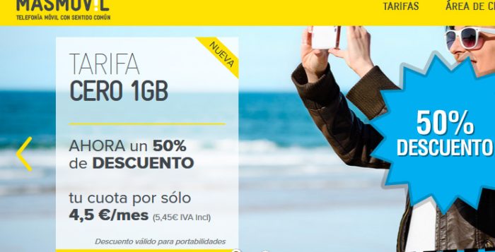 Descuento del 50% en MásMóvil en Tarifa Cero de 1GB