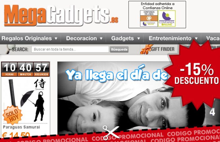 Codigo promocional de MegaGadgets con un 15% de descuento en toda la web para el Día del Padre