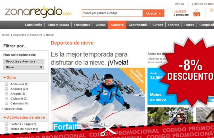 ZonaRegalo ofrece Cupón descuento con 8% de descuento en sus cajas de regalos de actividades de nieve