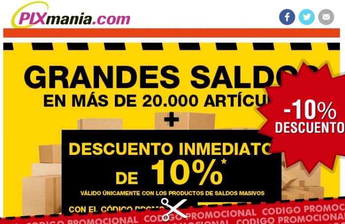 Codigo promocional de Pixmania con 10% de ahorro en articulos ya rebajados