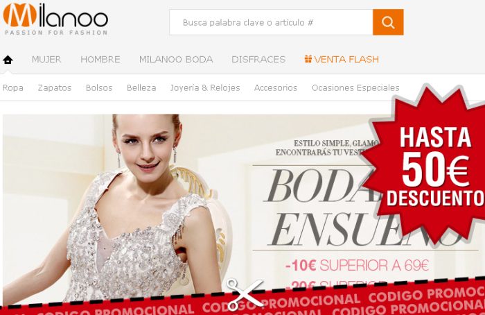 Cupon descuento de Milanoo con el que conseguir un descuento de hasta 50€ en vestidos de boda