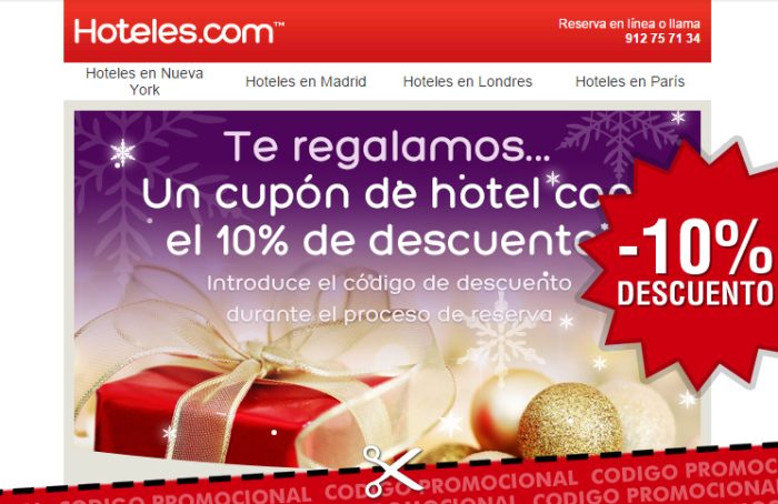 Código promocional de Hoteles.com con un ahorro del 10% en reservas