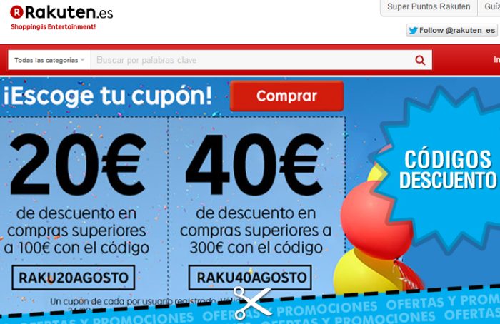Códigos descuento Rakuten de 20 y 40 euros